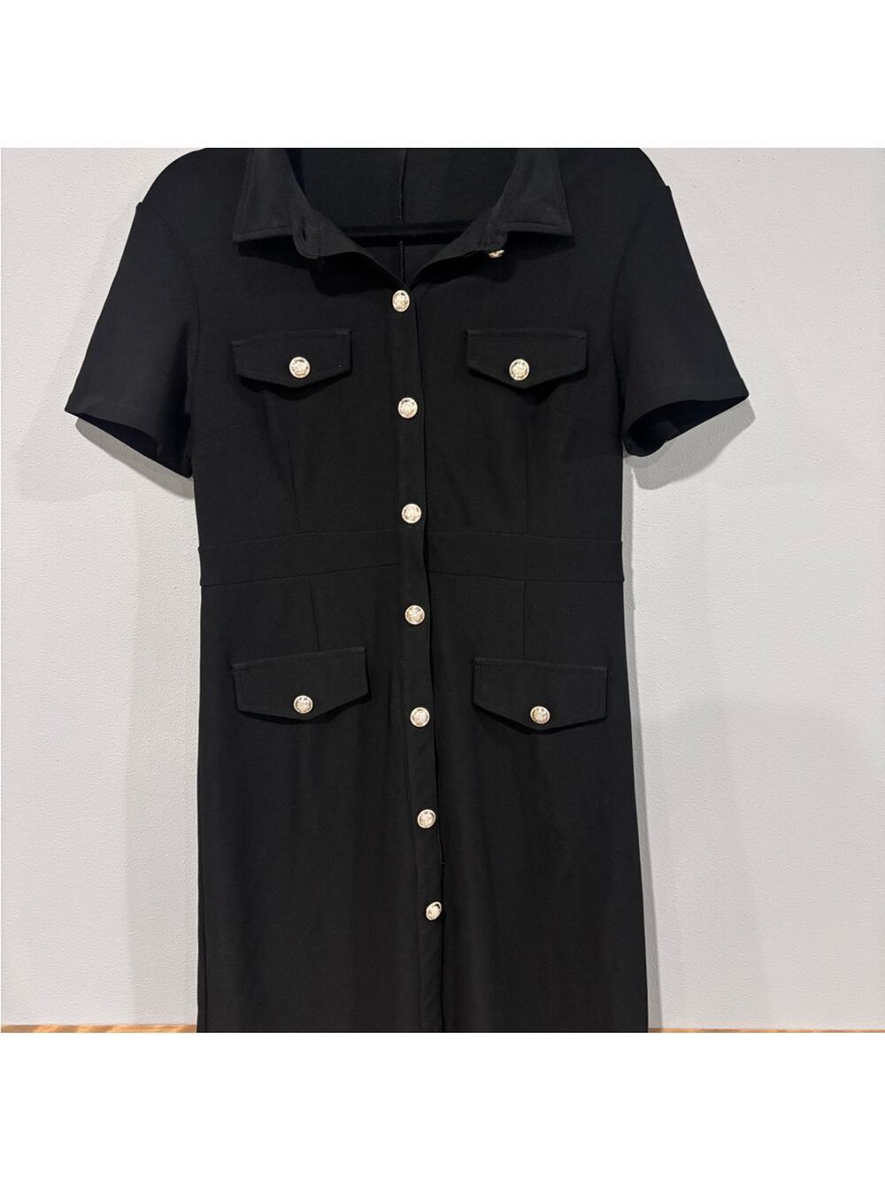 Elegant Maze Collection Black Short Sleeve Button-Down Mini Dress - Size L